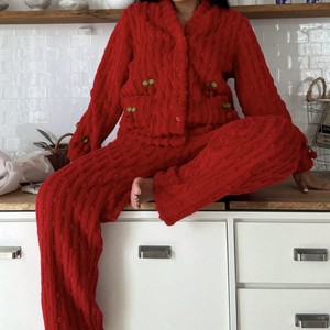 Ensemble de pyjama en polaire duveteux pour femmes, broderie cerise, boutonné, manches longues, vêtements de détente, ensemble de vêtements de nuit - Product Image 2