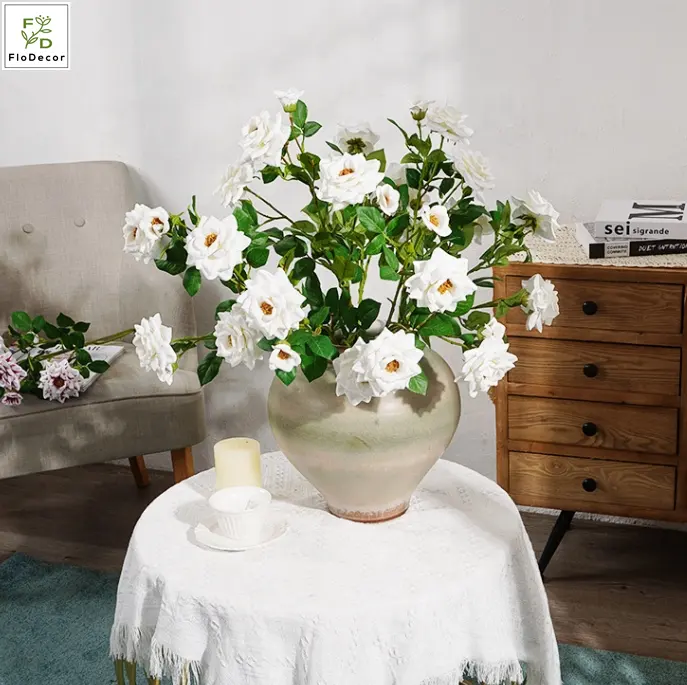 Vente en gros populaire 5 Roses artificielles 3D Real Touch Latex chine blanc Rose porche fenêtre cadre porte magasin décoration