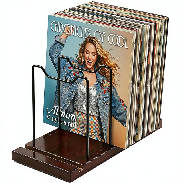 Vinyl Record Holder Storage Stand 80 LPs Solid Wood Black Metal Non-Folding Now Playing Display No-Tool Assembly