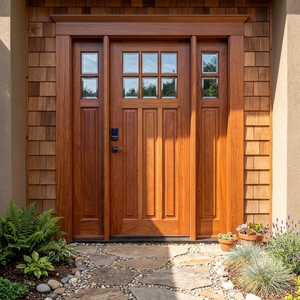 Une porte moderne et minimaliste en bois massif, ornée de motifs géométriques verticaux saisissants et équipée d'une serrure intelligente. - Product Image 3