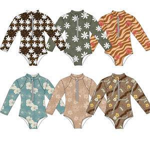 Traje de Baño de una Pieza para Niñas, Diseño Floral Verde Oliva, Manga Larga, Transpirable, con Cierre, para Playa, Verano - Product Image 1