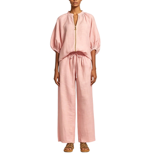 Conjunto Casual de 2 Peças em Cor Sólida com Blusa de Zíper Frontal e Calças Largas com Cordão para Mulheres Sehe Fashion - Product Image 1