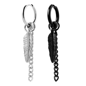 Grosir Berbagai Desain Kustom Stainless Steel Ear Cuff Huggie Dangling Earring Perak Hoop Feather Menjuntai Earrings Mens