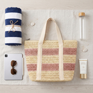 Sac fourre-tout élégant en paille tressée <span class=keywords><strong>bicolore</strong></span> avec grande capacité et fermeture éclair pour les courses quotidiennes, la plage et les voyages - Product Image 1