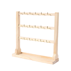 Support à bijoux en bois massif poli à 4 niveaux avec 24 crochets et porte-cartes pour boucles d'oreilles, présentoir - Product Image 4