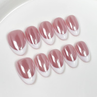 Ongles artificiels réutilisables en acrylique, effet Chrome, style French Press-on, forme Amande, avec French Manucure Rose Nude et Blanc Scintillant Aurore