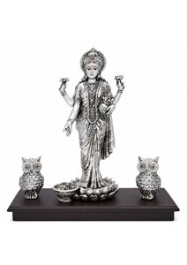 Silver Plated Goddess Lakshmi Idol with Owl Hindu Religious Statue for Diwali Puja Home Temple Decor Gifting Festival Item - Product Image 2