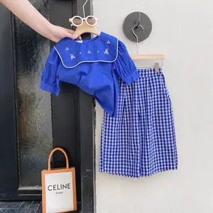 Vêtements d'été décontractés pour bébé fille, haut à manches courtes bleu et pantalon large à carreaux, ensembles de 2 pièces