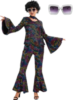 Costume disco des années 70 pour femmes, ensemble pantalon pattes d'éléphant métallisé scintillant avec perruque afro, lunettes, tenue rétro pour fête d'Halloween