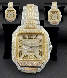 Montre-bracelet Hip Hop Bust Down mécanique 36 mm en acier inoxydable avec cadran carré, verre serti de diamants Moissanite, résistance à l'eau 10 bars - Product Image 1