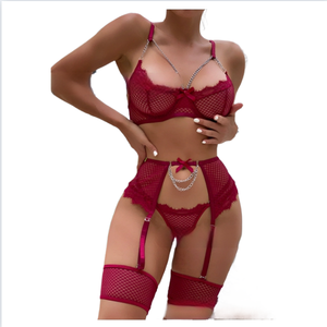 Nuovo Stile Estivo Transfrontaliero, Lingerie Sexy da Donna, Set <span class=keywords><strong>Reggicalze</strong></span> con Rete a Quadretti, Pizzo con Ciglia, Catena e Fiocco, Taglie XXL/XXXL - Product Image 6
