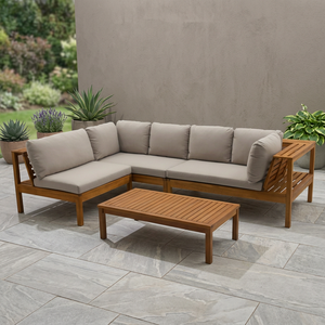 Modern Teak Wood Outdoor Sectional Sofa Set with Slatted <b>Coffee</b> <b>Table</b> - Product Image 2
