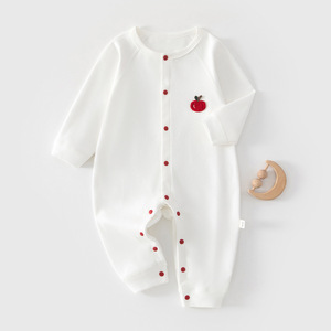 Combinaison pour bébé en coton pur à manches longues unisexe avec broderie pomme, à porter au printemps et en automne - Product Image 1