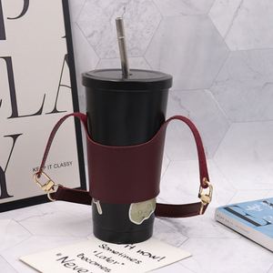 Housse de tasse à café simple en cuir PU portable pour l'extérieur, support réutilisable pour bouteille d'eau et boisson - Product Image 4