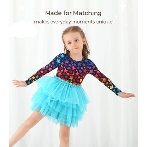 Robe tutu à manches longues pour petites filles, avec imprimé étoiles et jupe en tulle superposée, pour les fêtes ou les tenues décontractées, silhouette en forme de A - Product Image 2