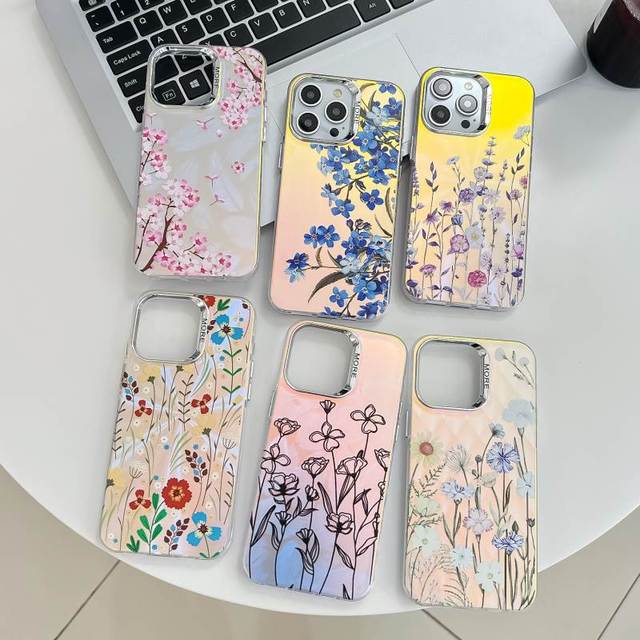 High Quality Luxury Electroplate Laser Frosted Gradient IMD Shockproof TPU Phone Case for 16 Pro Max 15 14 13 Plus Flower