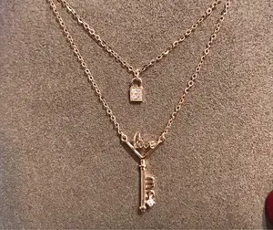 18k katı altın saf özel Iitial kalp katmanlı yığın kilidi ve anahtar kolye kolye Charm takı ile elmas pawnable