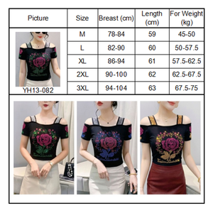 Magliette alla Moda per Ragazze con <span class=keywords><strong>Spalle</strong></span> <span class=keywords><strong>Scoperte</strong></span>, T-Shirt con Cuore Floreale, Camicie di Lusso con Strass e Rose a Manica Corta - Product Image 6