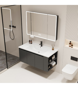 Wall Mounted Cream Bathroom Vanity Set Smart Mirror Cabinet <b>Side</b> Cabinet Ceramic Integrated Basin - Product Image 4
