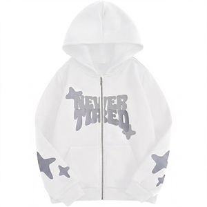 Sudadera con capucha blanca con cremallera, unisex, oversize, de punto, informal, con estampado gráfico frontal 'Never Tired', estilo streetwear de invierno - Product Image 1