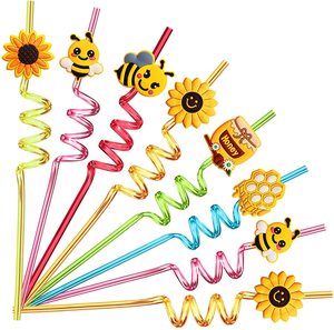 Wholesale PVC Cartoon Bees Sunflowers Straw Accessories with Customized Logo Design for Party Saloons Promotional Party Supplies