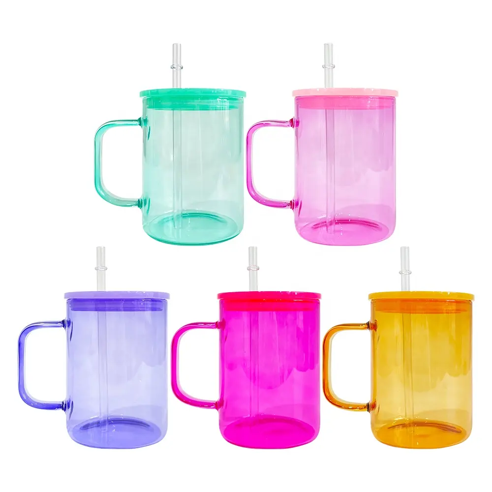 แก้วกาแฟสีเจลลี่ใสพิมพ์ซับลิเมชันเปล่า17ออนซ์แก้วกาแฟหลากสีพร้อมฝาพลาสติก PP คลังสินค้า USA