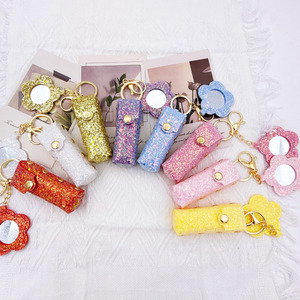 Lovely Keychain Waterproof Pu Leather Keychain <b>Case</b> Makeup <b>Mirror</b> Fashionable <b>Lipstick</b> Keychain for Lady - Product Image 4