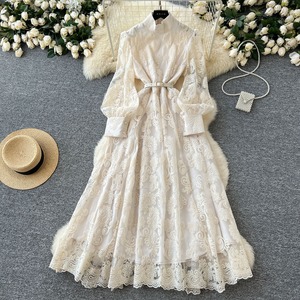 Robe longue élégante de haute qualité, coupe trapèze, amincissante à la taille, avec manches lanternes et broderies en maille, pour femme - Product Image 2