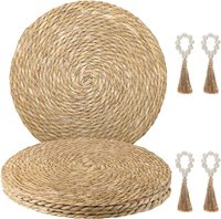 Ensemble de 4 sets de table ronds tissés 13,8 pouces en jacinthe d'eau naturelle, perles de rotin et de bois, anneaux de serviette, décoration de table de cuisine et de salle à manger