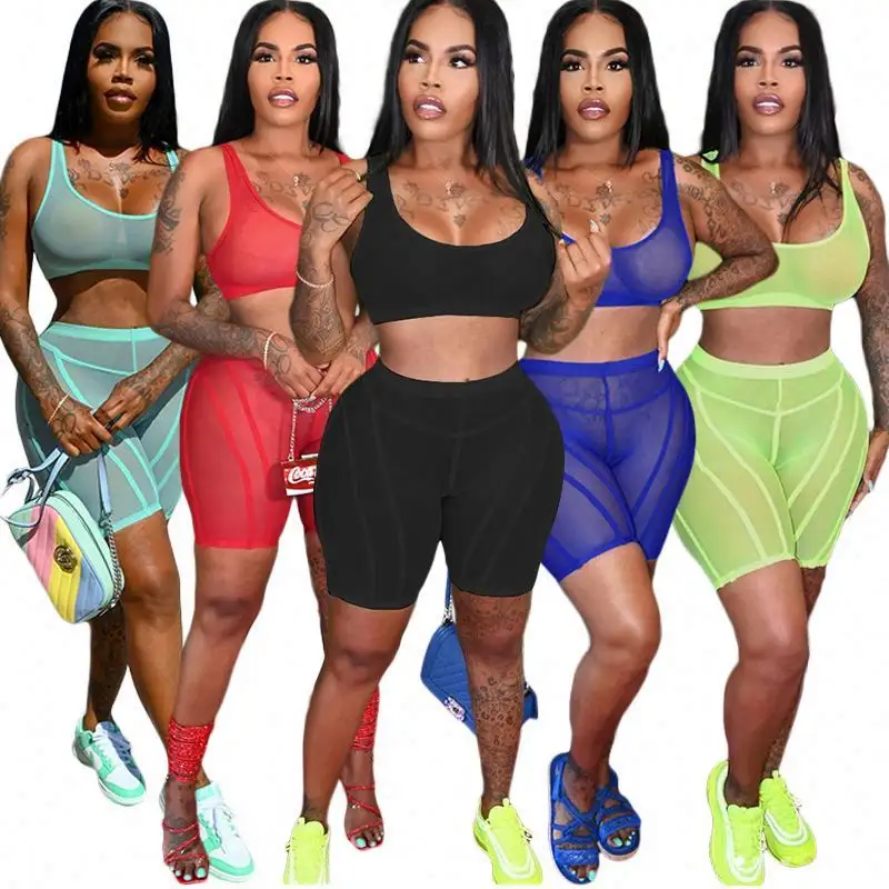 2024 New Mesh 2 Summer Jogging Suits Ladies Top And See Through Biker Shorts Outfits Two Piece Set