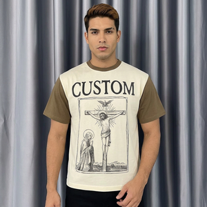 T-shirt personnalisé pour homme avec motif religieux de crucifixion, manches contrastées, col rond, coupe oversize, style streetwear, tricoté 100% coton - Product Image 1