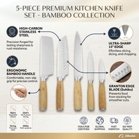 Ensemble de 5 couteaux de cuisine avec manche en bambou, couteaux de cuisine multifonctionnels, couverts de cuisine pour la maison, la cuisine et le restaurant