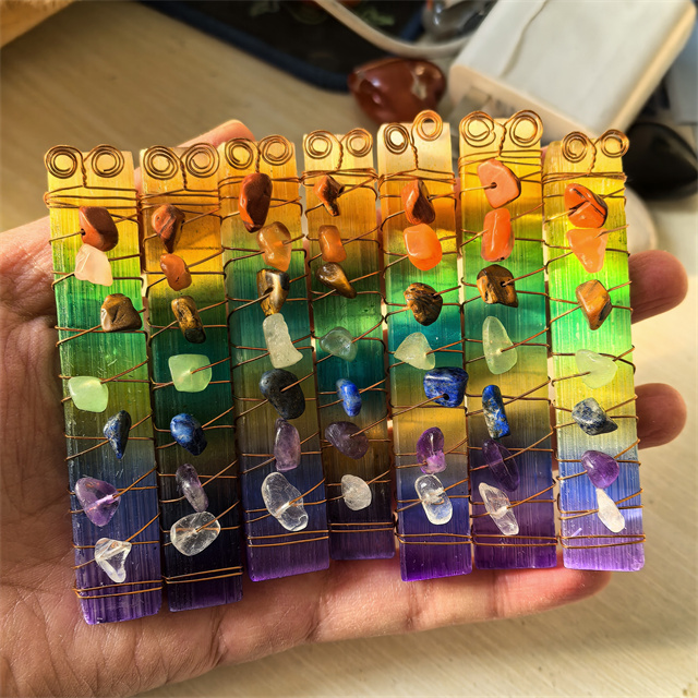 Spiritual Healing Products Natur Seven Chakra Beads Wire Wrapped Raw rainbow Aura Selenite Stick Wand for Meditation