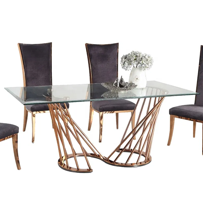 Wholesale 8 seater restaurant kitchen stainless steel dinning room furniture rose gold luxury dining room glass top table set