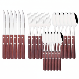 Juego de cubiertos de acero inoxidable con mango de madera para cenas elegantes, fiestas, bodas, banquetes, hogares y restaurantes - Product Image 1