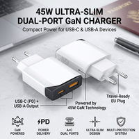 Adaptateur secteur portable ultra-fin HNT nouvelle tendance avec prise EU PD 45W à charge rapide, USB-A + Type-C, design compact et convivial pour iPhone