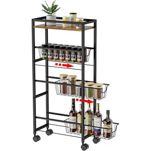 Accueil Cuisine Salon Salle de bain Rangement <span class=keywords><strong>coulissant</strong></span> étroit Support de rangement à 4 niveaux Chariot roulant avec 3 paniers coulissants - Product Image 1