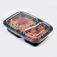 Boîte à repas jetable en plastique noir pour micro-ondes, 2 compartiments, type bento, pour plats à emporter