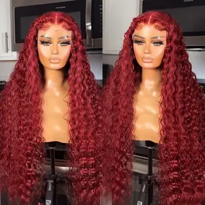 Nanming kualitas tinggi prepked burgundy gelombang dalam wig grosir 13*4 burgundy frontal wig warna anggur rambut manusia