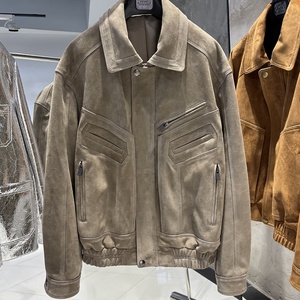 Blouson aviateur vintage en daim gris clair, coupe ample rétro, veste en cuir pour <span class=keywords><strong>femme</strong></span> avec plusieurs poches - Product Image 1