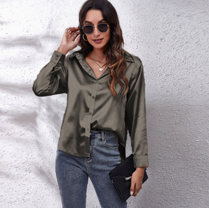 Chemisier Élégant <span class=keywords><strong>Femme</strong></span> S-XXL en Satin Rouge Vin, <span class=keywords><strong>Col</strong></span> Rabattu, Manches Longues, Blouse Formelle de Bureau OL, Hauts Féminins Automne - Product Image 4