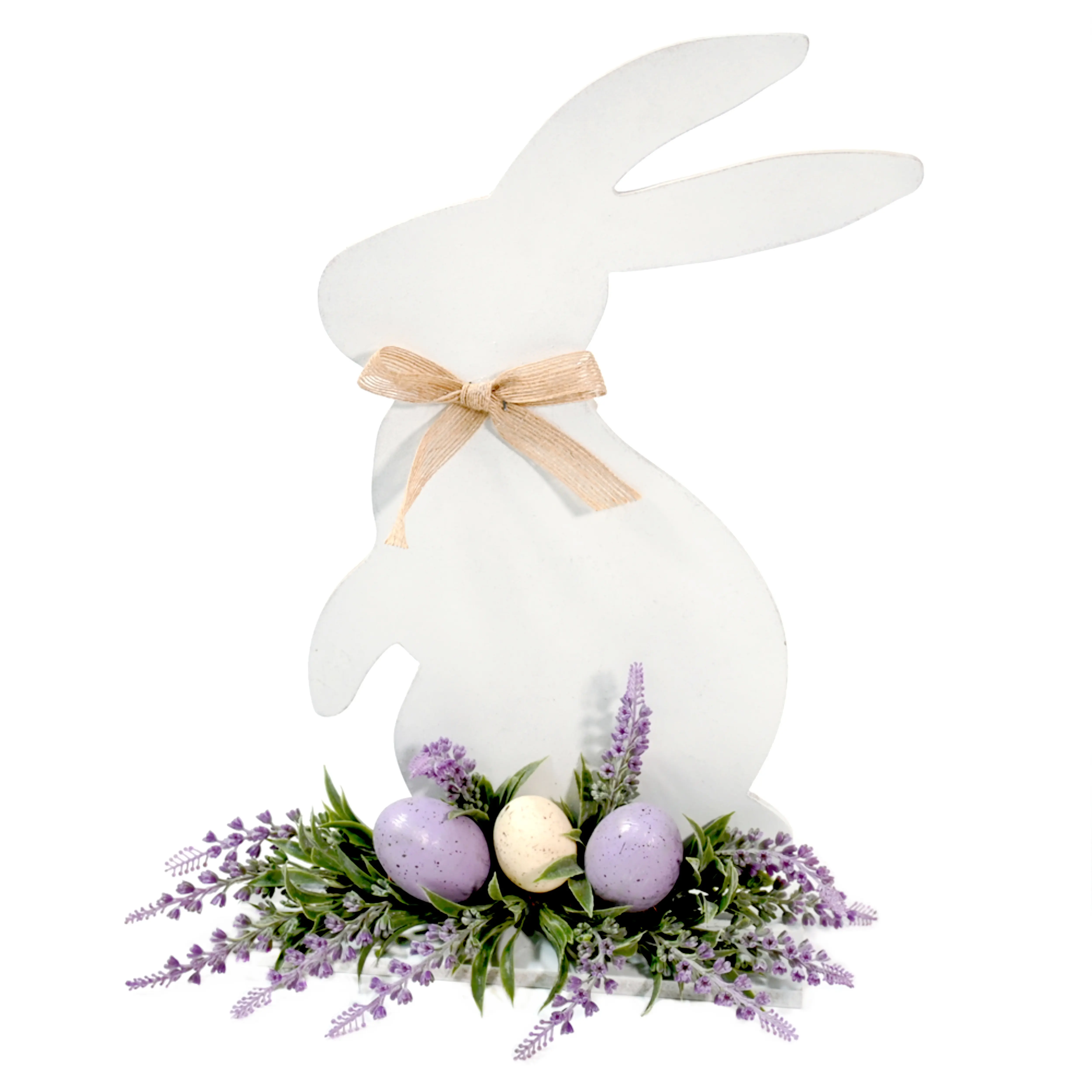 Planche de lapin en MDF de 16 pouces avec fleurs artificielles de lavande violette Oeufs de Pâques autoportants en bois Décorations de lapin