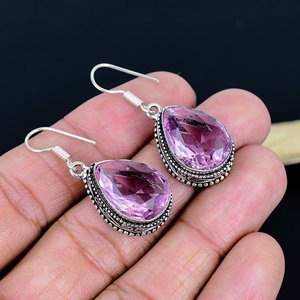 Handmade Pink kuinjet Drop <b>Earrings</b> Dangle Drop <b>Earrings</b> Stylish Gemstone <b>Earring</b> Colorful Gemstone <b>Earrings</b> - Product Image 1