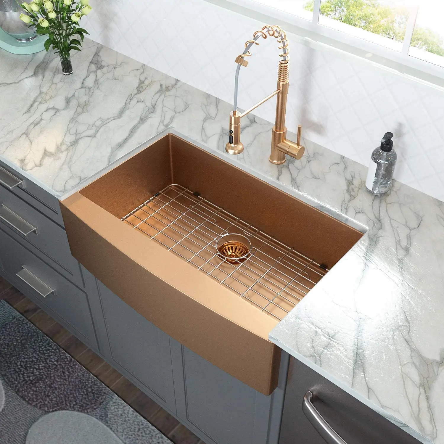 Aquacubic Luxury Apron Front Single Bowl Rose Gold 16 Gauge Handmade 304 Stainless Steel Kitchen Sink