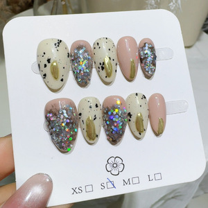 Faux ongles à presser faits main, violet <span class=keywords><strong>pastel</strong></span> rose, forme amande, avec strass argentés scintillants, très demandés, fournisseur de manucure élégante - Product Image 3