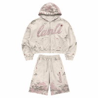 Ensemble sweat à capuche zippé et short délavé avec logo personnalisé, orné de strass, vêtements de créateur, ensemble graphique noir de haute qualité