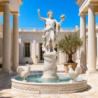 Fontaine Commerciale en Marbre Sculpté à la Main, Statue d'Apollon, Éclairage RGB/Laser, Étanche IP68, Becs en Forme de Coq, Disque Rayonnant, Branche de Laurier