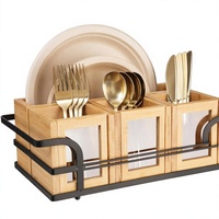 Organisateur d'ustensiles de cuisine en bois avec couvercle en acrylique, porte-serviettes en papier, plateau à couverts et distributeur d'assiettes en carton pour cuillères et fourchettes