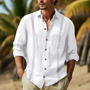 2024 printemps et automne nouvelle couleur unie coton et lin mélange <span class=keywords><strong>Collage</strong></span> revers à manches longues décontracté hommes chemise - Product Image 1