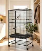 Cage à perroquets noire en fil métallique robuste avec roulettes, étagère de rangement, perchoirs en bois et espace intérieur spacieux pour plusieurs oiseaux de compagnie de taille moyenne